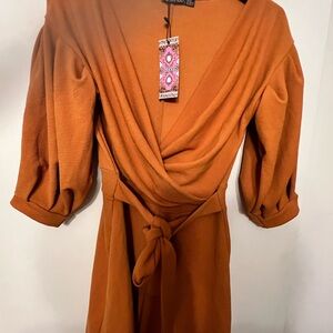 Boohoo Rust Long Sleeve Wrap Dress